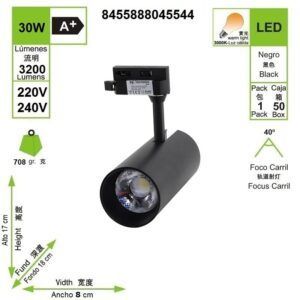 led-foco-carril-negro-bifasico-30w-luz-calida-3000k-220v-3200-lumenes