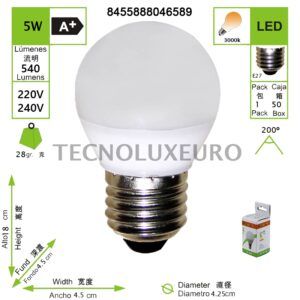 BOMBILLA LED ESFERICA 5W 220-240V E27 3000K