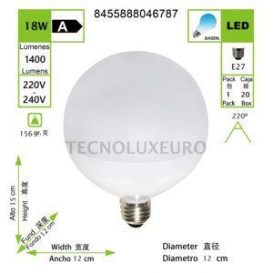 BOMBILLA LED BOLA 18W 220-240V E27 6400K