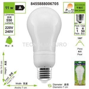 Bombilla BAJO CONSUMO pera E27 3000 K luz cálida 11W