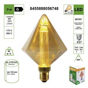 BOMBILLA LED DE FILAMENTO CON GUÍA DE LUZ DE DIAMANTE PUNTIAGUDO 220V E27 2200K LUZ CÁLIDA 3W