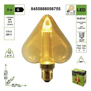 BOMBILLA LED DE FILAMENTO GUÍA DE LUZ EN FORMA DE CORAZÓN 220V E27 2200K LUZ CÁLIDA 3W