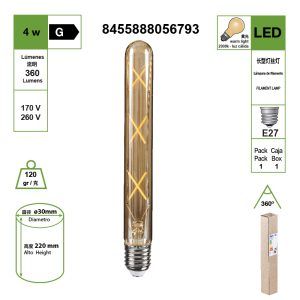 BOMBILLA LED T30-225 FILAMENTO LARGO 220V E27 2200K LUZ CÁLIDA 8W