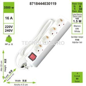 Base múltiple 4 enchufes 16 A plástico blanco 1.5 M