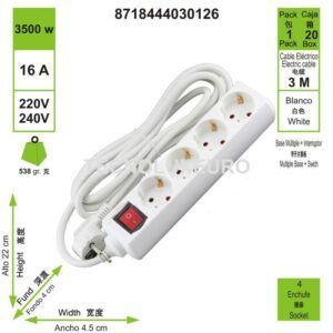 多座 4 插座 16A 白色塑料 3 米
